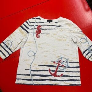 N TOUCH NAUTICAL 3/4 SLEEVE TOP RED WHITE NAVY CREAM